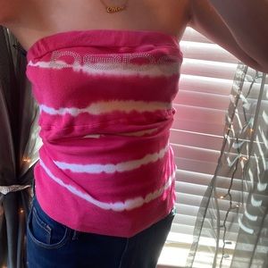 Bebe pink and white tube top, rhinestones